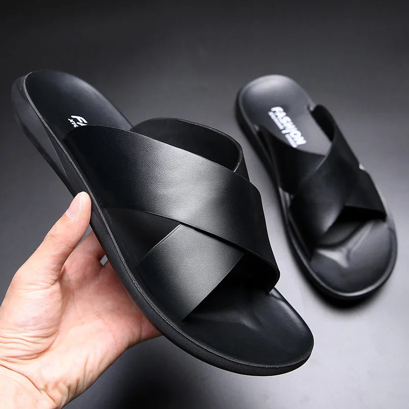 Italian Style Leather Sandals for Men with Crossed Straps