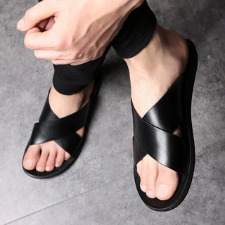 Italian Style Leather Sandals for Men with Crossed Straps